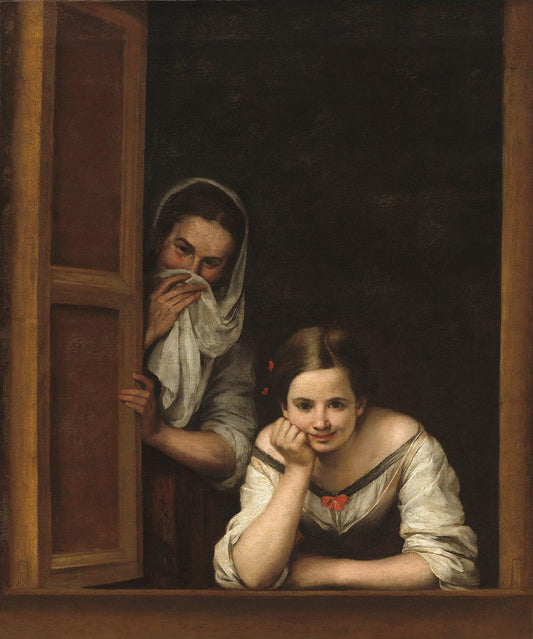 Murillo Two Women at a Window Oil Painting Reproduction, Framed Canvas Art | BoselliArt hand-painted oil painting