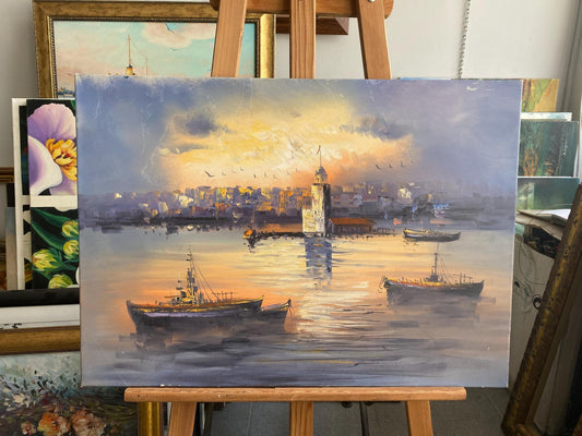 Hand-Painted Istanbul Canvas Art, Sunset Over Bosphorus, Maiden's Tower | BoselliArt hand-painted oil painting