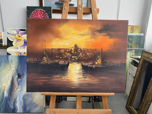 Hand-Painted Istanbul Sunset Seascape, Turkish Canvas Art (23x31" 60x80 cm) | BoselliArt hand-painted oil painting