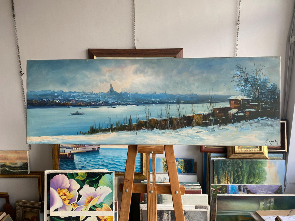 Hand-Painted Istanbul Bosphorus Canvas, Snowy Turkish Cityscape Art (41x13") | artwork image 4