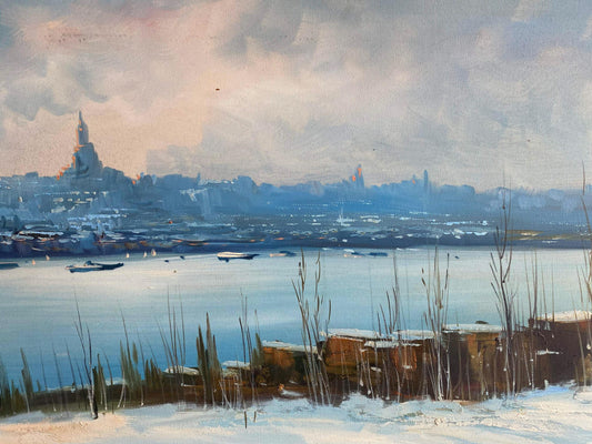 Hand-Painted Istanbul Bosphorus Canvas, Snowy Turkish Cityscape Art (41x13") | artwork image 2