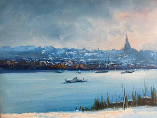 Hand-Painted Istanbul Bosphorus Canvas, Snowy Turkish Cityscape Art (41x13") | BoselliArt hand-painted oil painting