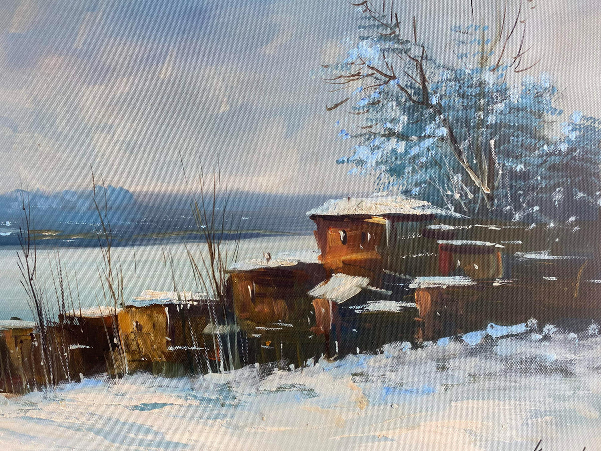 Hand-Painted Istanbul Bosphorus Canvas, Snowy Turkish Cityscape Art (41x13") | artwork image 3