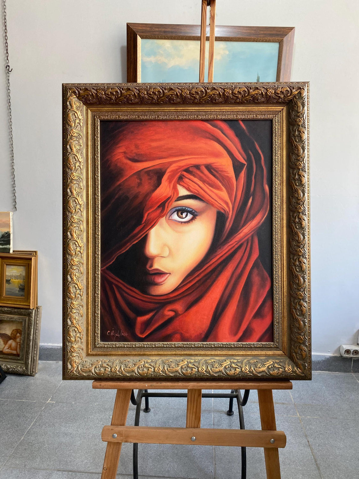 Mystical Woman Oil Painting, Red Veil, Vintage Ornate Frame, (20x26) | BoselliArt hand-painted oil painting