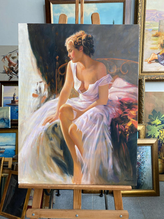 Romantic Woman Oil Painting, Vintage Style Portrait, Handmade Wall Art | BoselliArt hand-painted oil painting
