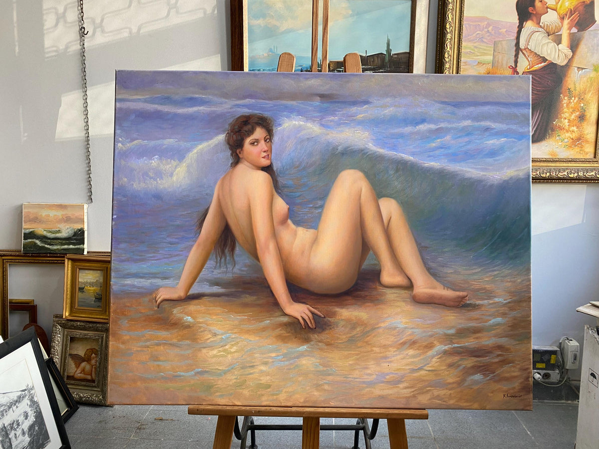 Nude Woman Oil Painting, Art Deco Seascape, Beach Wall Art | artwork image 2