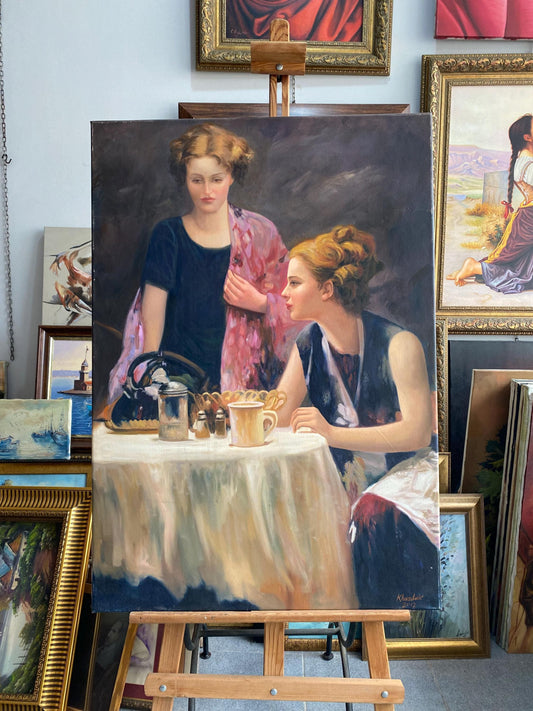 Antique Oil Painting, Two Women at Tea Time, Figurative Art | artwork image 2