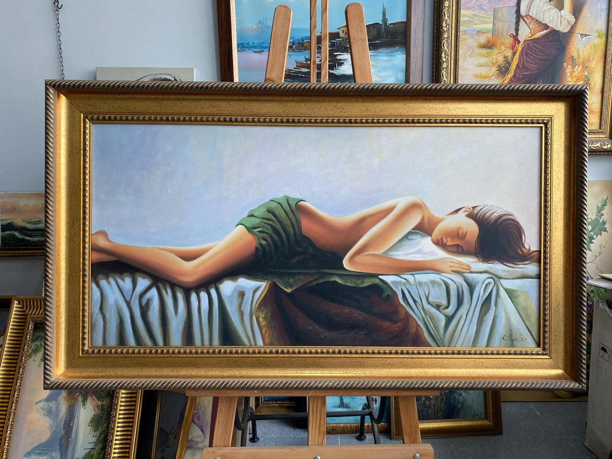 Elegant Nude Oil Painting on Canvas, Reclining Woman Portrait, 19x39 | BoselliArt hand-painted oil painting