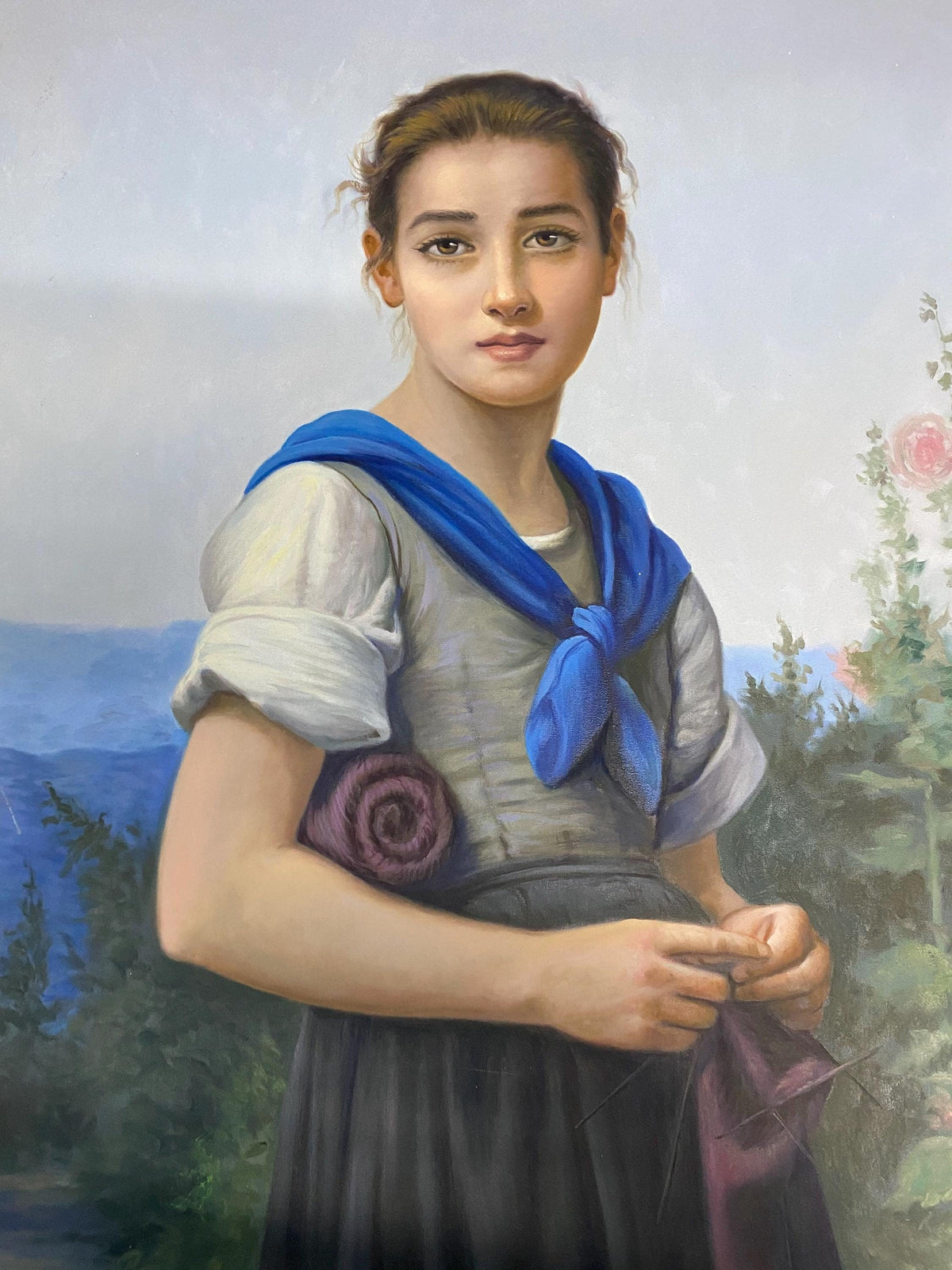 Hand-Painted Oil Painting, Knitting Girl in Traditional Attire, Home Decor Wall Art | BoselliArt hand-painted oil painting