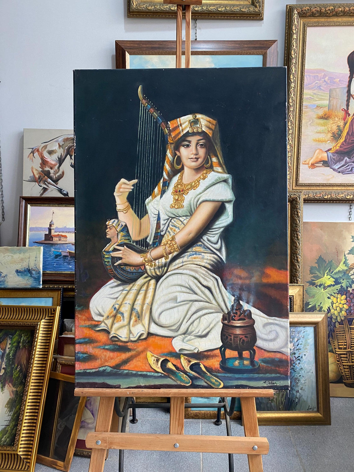 Egyptian Woman with Harp Oil Painting, Vintage Female Portrait Art | BoselliArt hand-painted oil painting