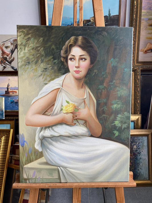 Vintage Woman Oil Painting, Lady with Yellow Rose Portrait, Classic Home Decor | BoselliArt hand-painted oil painting