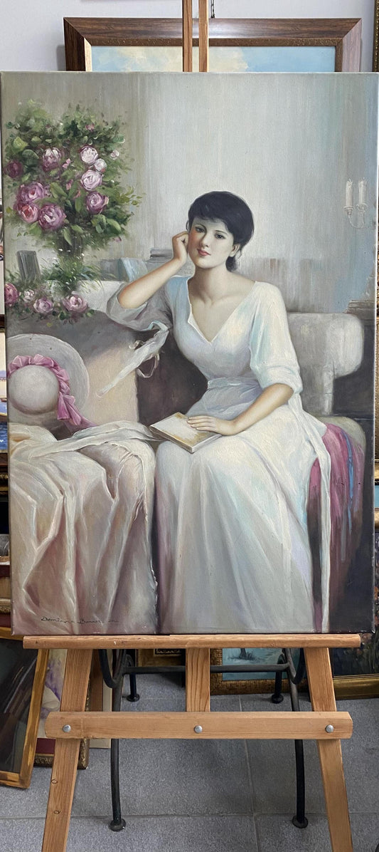 Vintage Woman Reading Oil Painting, Romantic Floral Portrait Art | BoselliArt hand-painted oil painting
