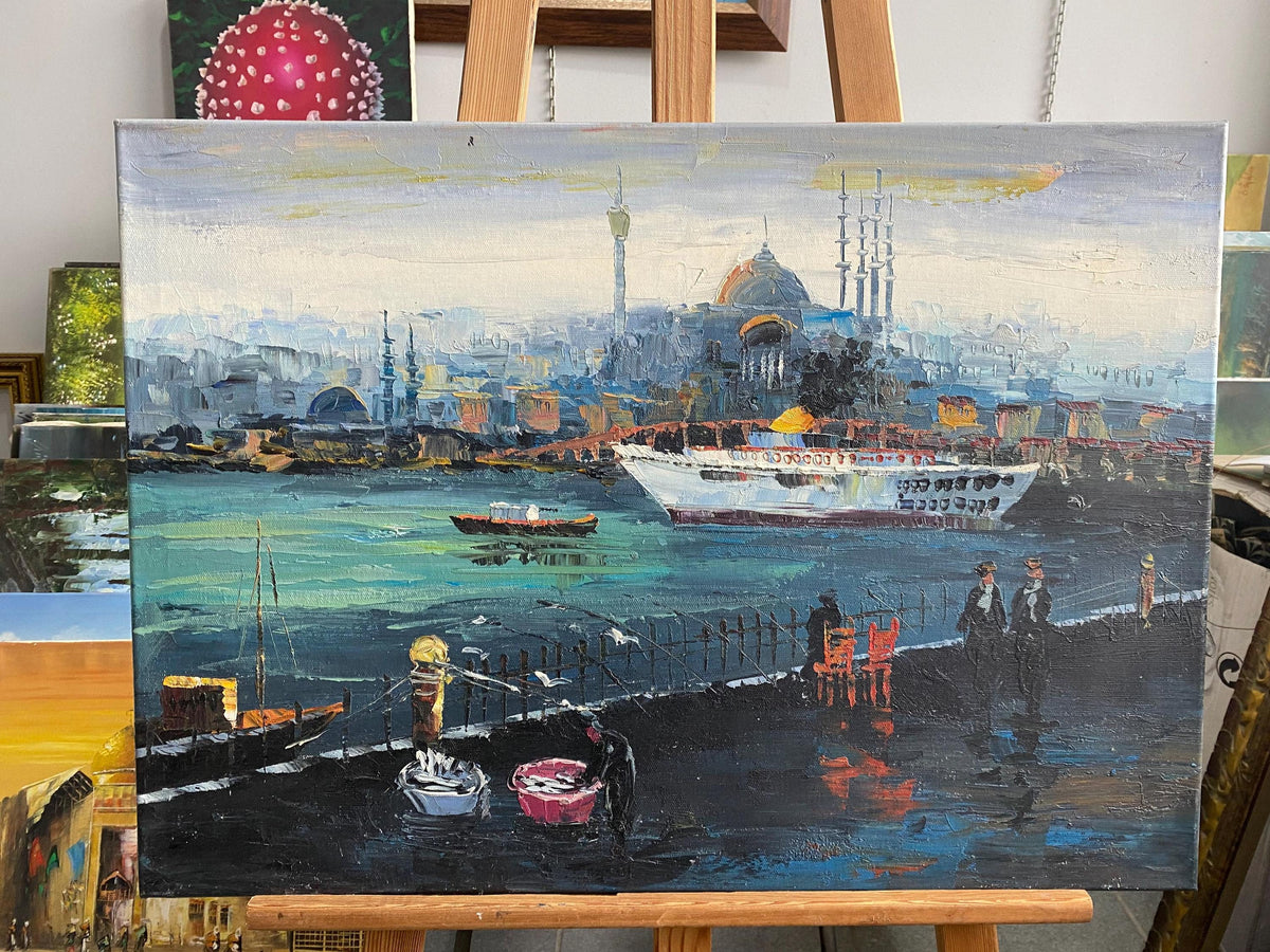 Istanbul Bosphorus Oil Painting, Turkish Cityscape Art, Hand-Painted Canvas (19x27) | BoselliArt hand-painted oil painting