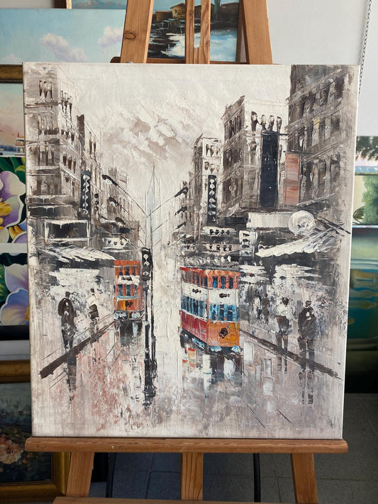 Vintage Hong Kong Tram Oil Painting, Hand-Painted Asian Cityscape | BoselliArt hand-painted oil painting