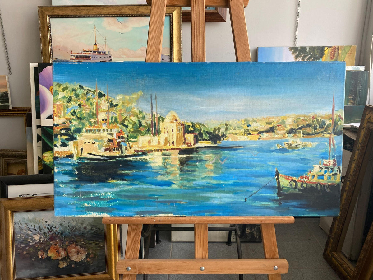 Mediterranean Seaside Oil Painting, Coastal Seascape Artwork (17x31" ) | BoselliArt hand-painted oil painting