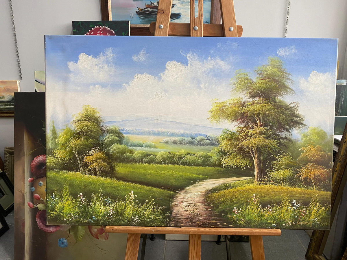 Original Sunny Countryside Path Oil Painting, Calming Pastoral Landscape | BoselliArt hand-painted oil painting
