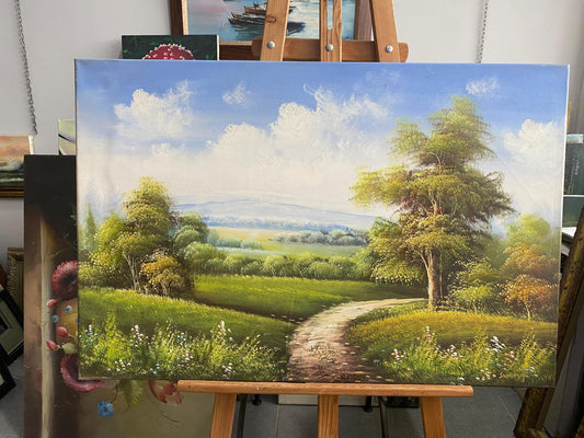 Original Sunny Countryside Path Oil Painting, Calming Pastoral Landscape | BoselliArt hand-painted oil painting