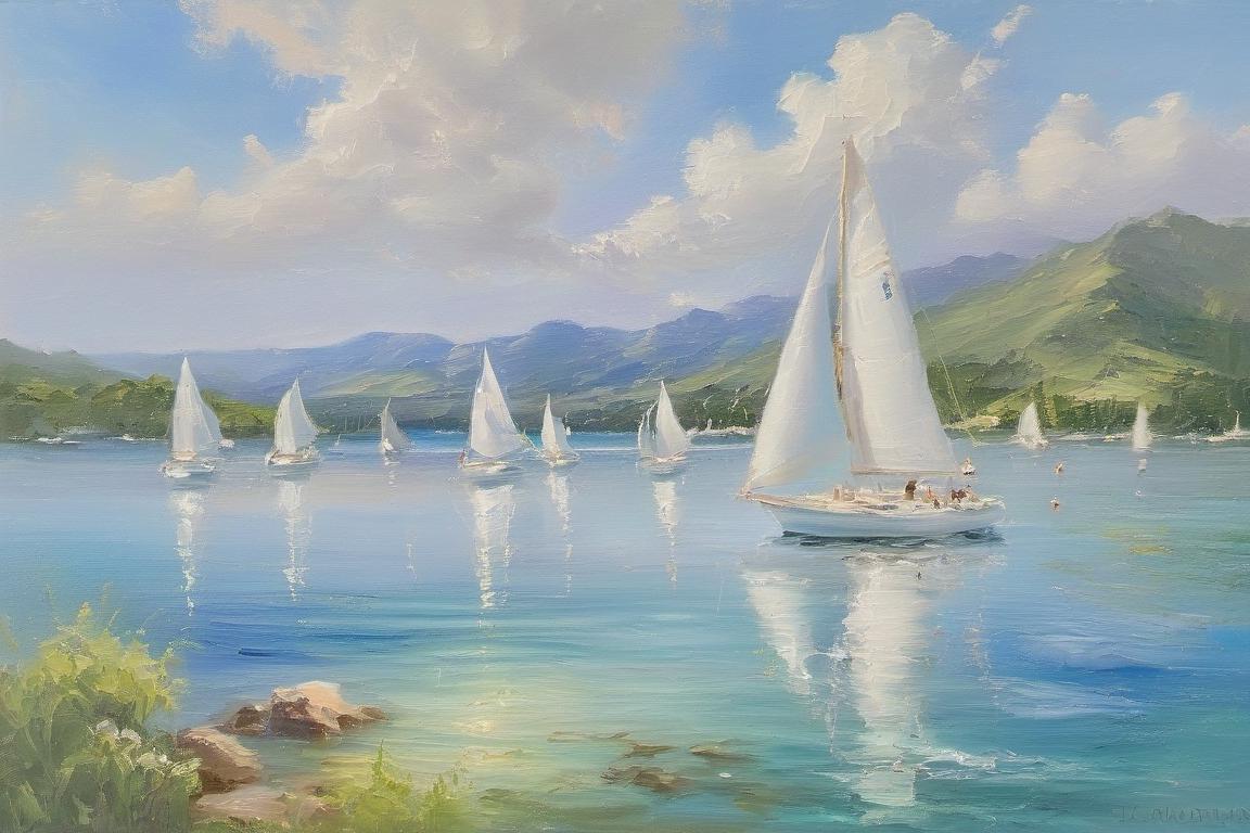 Sailboat Oil Painting, Calm Lake Seascape, Nautical Wall Art | BoselliArt hand-painted oil painting