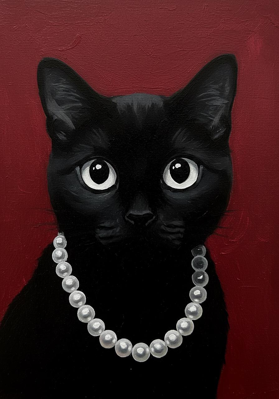 Black Cat Painting, Pearl Necklace, Gothic Home Decor | BoselliArt hand-painted oil painting