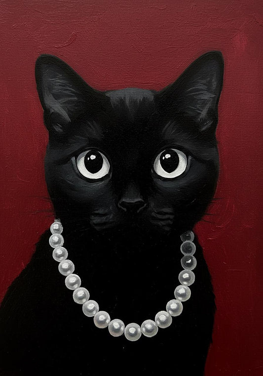 Black Cat Painting, Pearl Necklace, Gothic Home Decor | BoselliArt hand-painted oil painting
