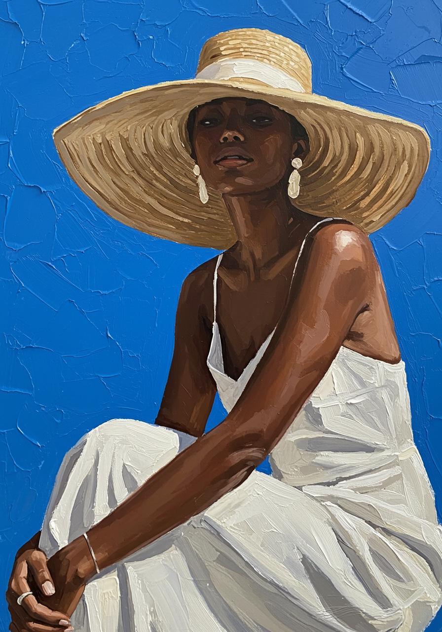 Original Oil Painting, Summer Portrait, Lady in Straw Hat, Modern Home Decor | BoselliArt hand-painted oil painting