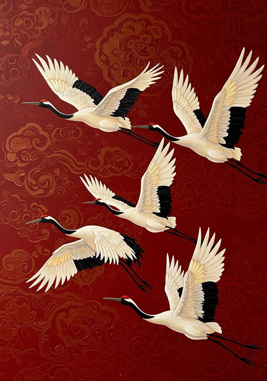 Red Crowned Crane Oil Painting, Asian Inspired Wildlife Art | BoselliArt hand-painted oil painting