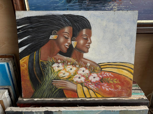 Sisterhood African Art Painting, Black Women Portrait with Flowers | BoselliArt hand-painted oil painting
