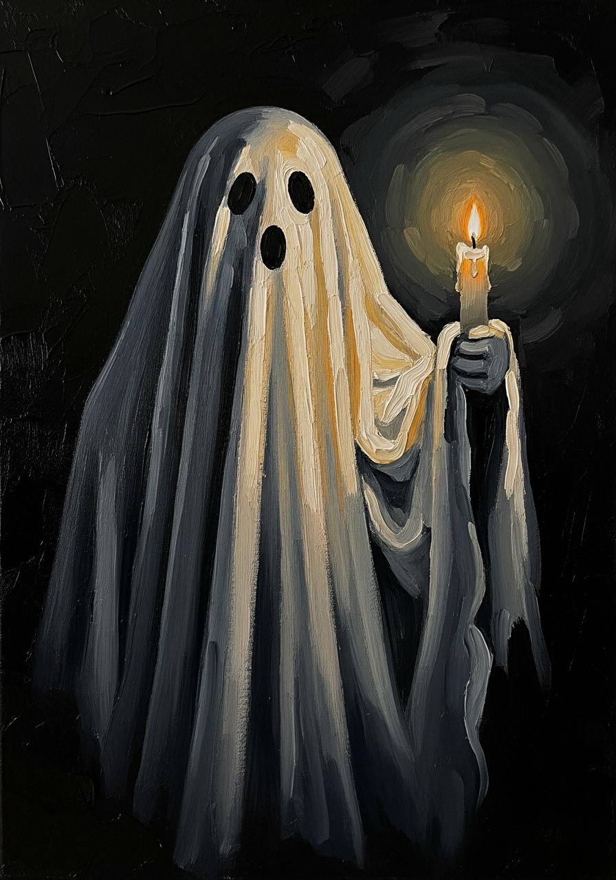 Ghost with Candle Oil Painting, Dark Academia Halloween Wall Art | BoselliArt hand-painted oil painting