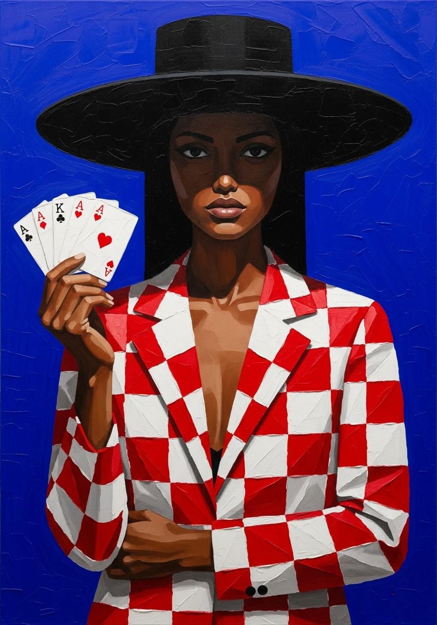 Hand-Painted Woman with Aces Oil Painting, Modern Figurative Art | BoselliArt hand-painted oil painting