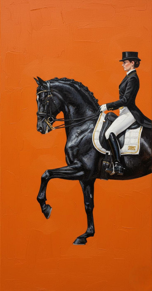 Hermès Orange Dressage Horse Oil Painting, Black Stallion Canvas Art | BoselliArt hand-painted oil painting