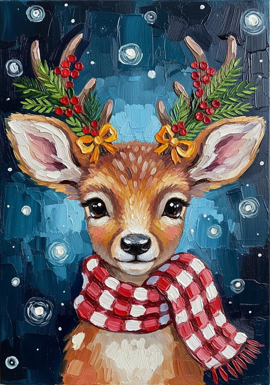 Handmade Christmas Deer Oil Painting, Whimsical Holiday Wall Art | BoselliArt hand-painted oil painting