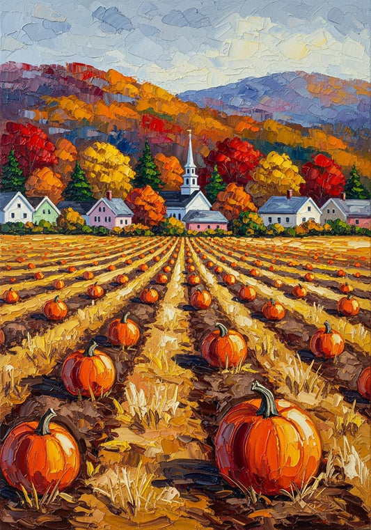 Pumpkin Field Oil Painting, Autumn Farmhouse Village, Cottagecore Wall Art | BoselliArt hand-painted oil painting