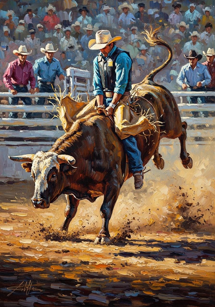 Cowboy Bull Riding Oil Painting, Western Rodeo Art | BoselliArt hand-painted oil painting