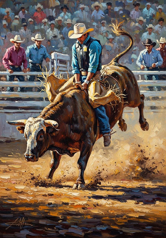Cowboy Bull Riding Oil Painting, Western Rodeo Art | BoselliArt hand-painted oil painting