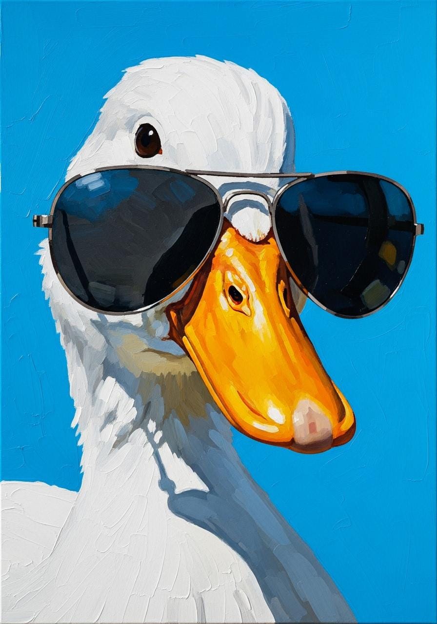Funny Duck Oil Painting, Sunglasses Animal Portrait, Whimsical Wall Art | BoselliArt hand-painted oil painting