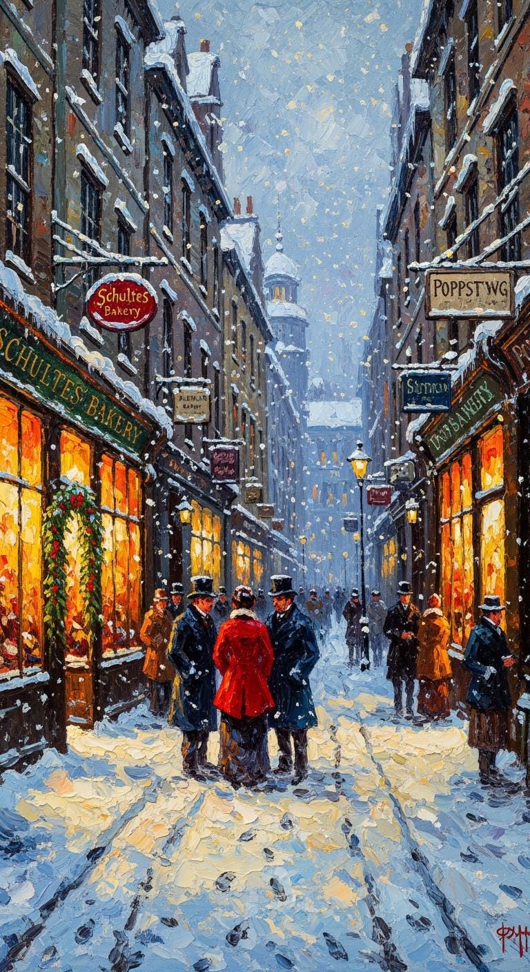 Victorian Christmas Street Oil Painting, Snowy Winter City Scene | BoselliArt hand-painted oil painting