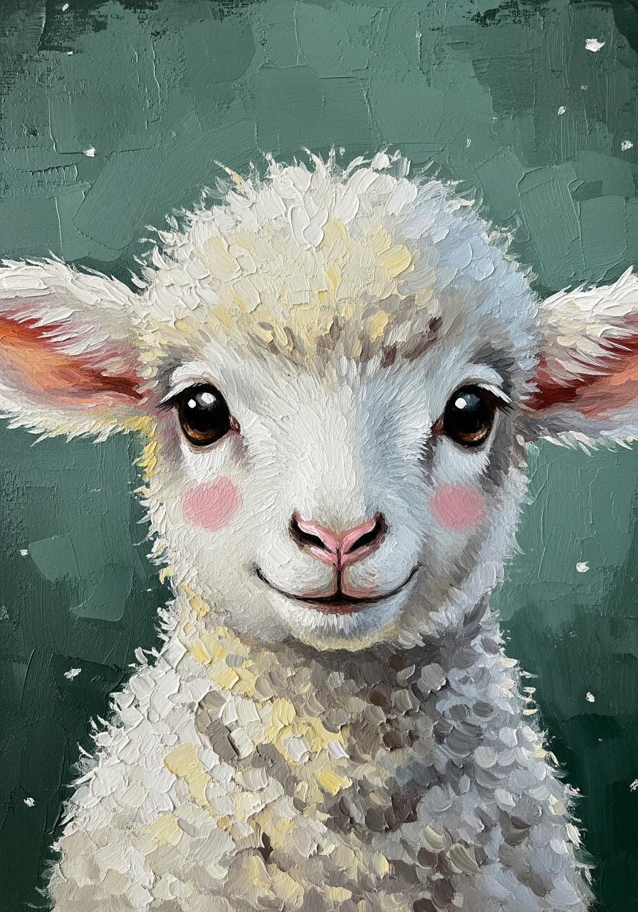 Hand-painted Lamb Oil Painting, Whimsical Nursery Wall Art | BoselliArt hand-painted oil painting