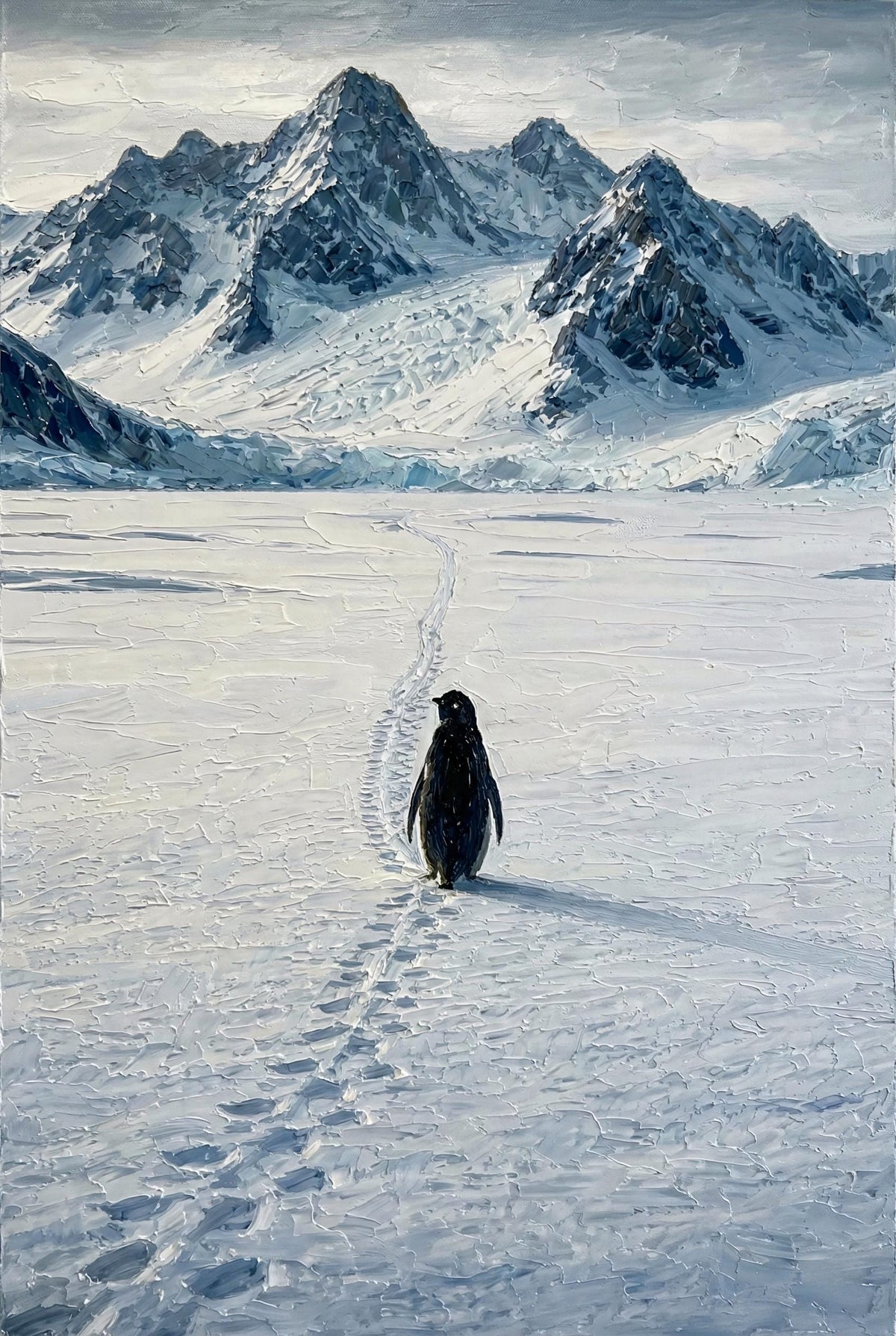 Nihilist Penguin Mountain Oil Painting, Landscape Wall Art, Impasto Arctic Art Decor | BoselliArt hand-painted oil painting