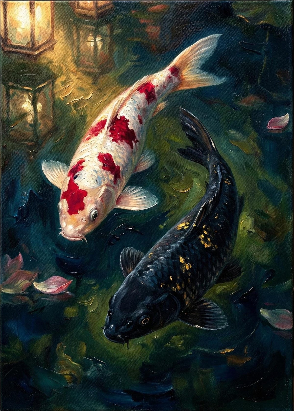 Hand Painted Koi Fish Oil Painting, Yin Yang Pond Art, Zen Wall Decor | BoselliArt hand-painted oil painting