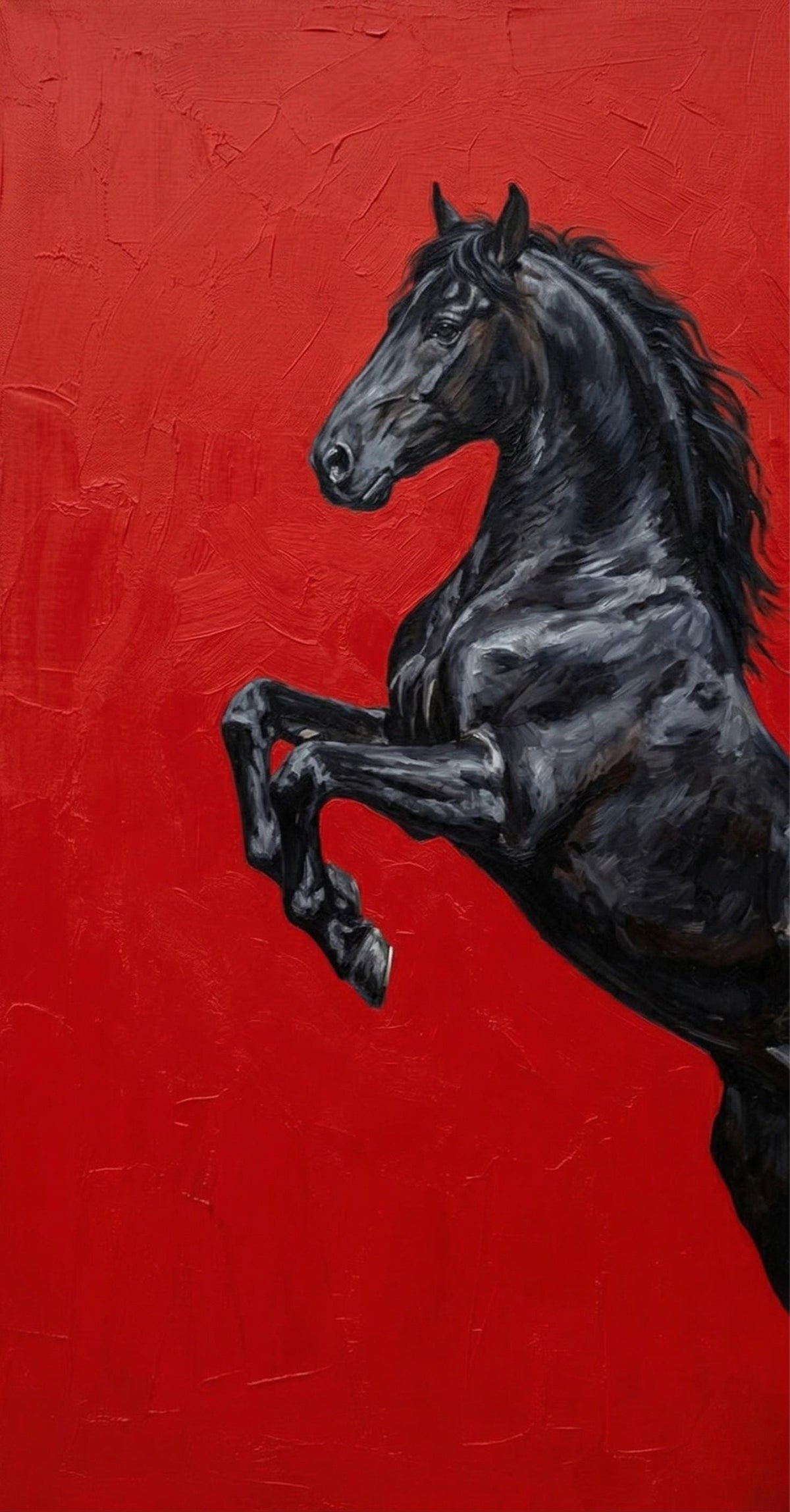 Original Black Stallion Oil Painting, Rearing Horse Canvas Art, Crimson Red Equestrian Decor | BoselliArt hand-painted oil pa
