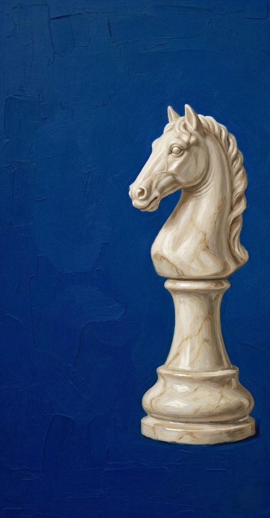White Chess Knight Oil Painting, Royal Blue Canvas Wall Art, Dark Academia Office Decor | BoselliArt hand-painted oil paintin