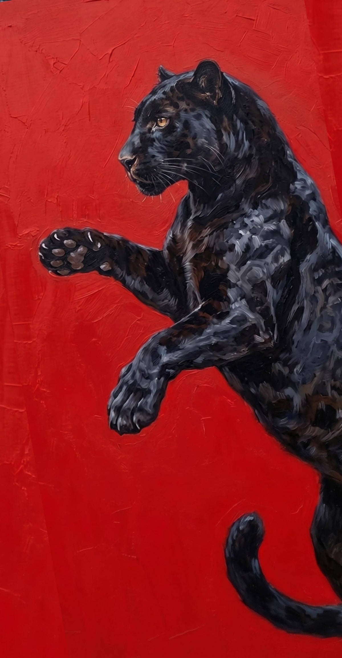 Original Black Panther Oil Painting, Textured Red Canvas Animal Art | BoselliArt hand-painted oil painting