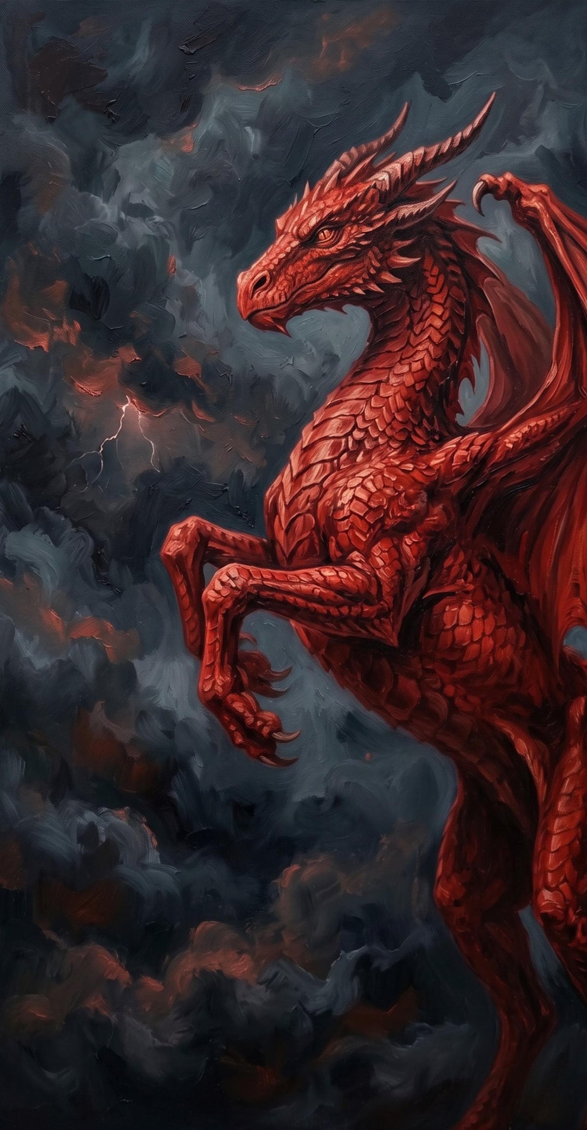Original Red Dragon Oil Painting, Textured Fantasy Storm Wall Art | BoselliArt hand-painted oil painting
