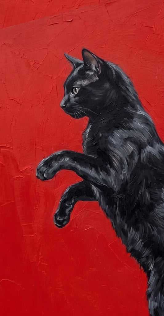 Original Black Cat Oil Painting, Textured Red Canvas Art, Gothic Modern Decor | BoselliArt hand-painted oil painting