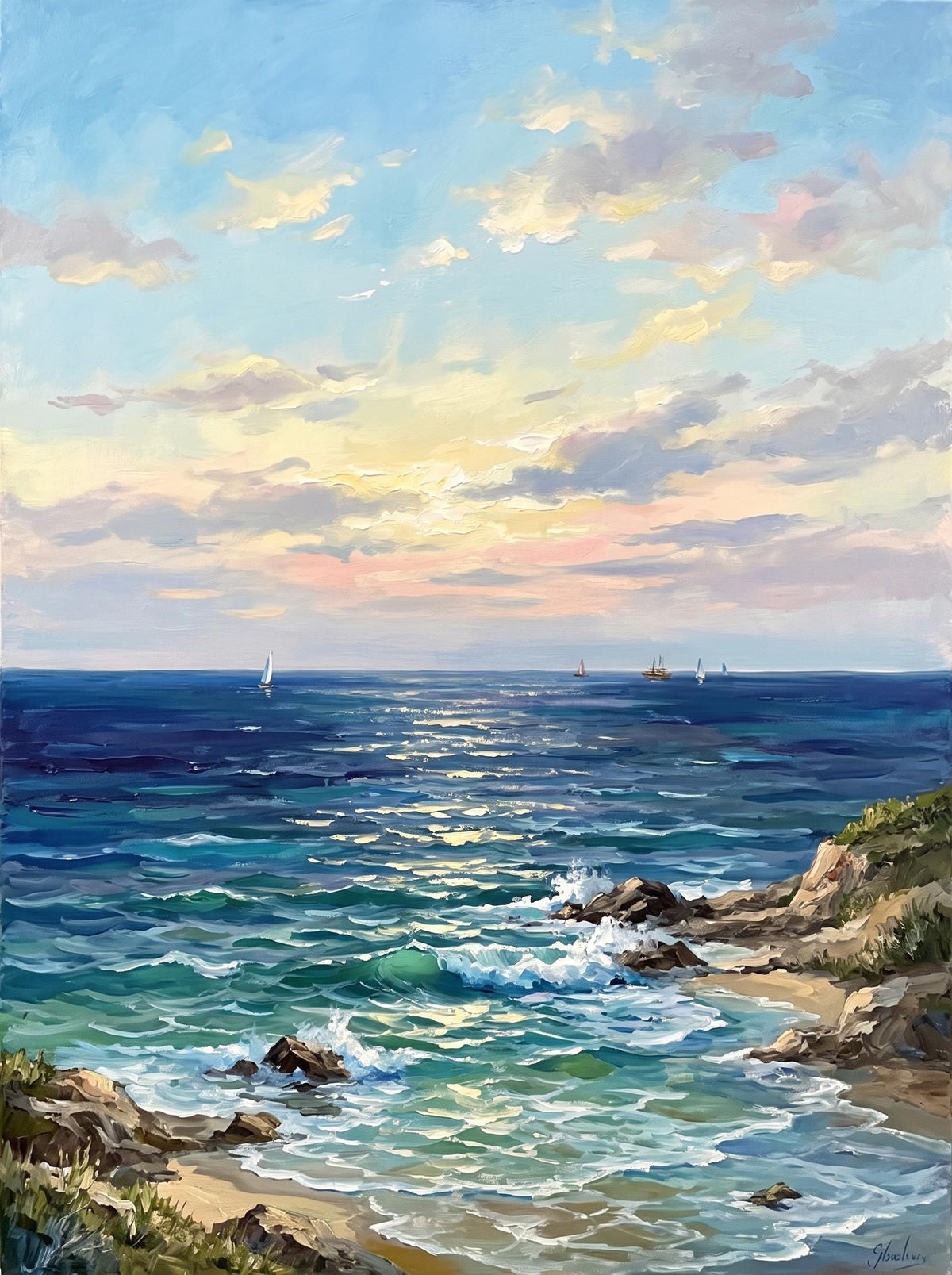 Original Panoramic Sea Oil Painting, Seascape Canvas Wall Art | BoselliArt hand-painted oil painting