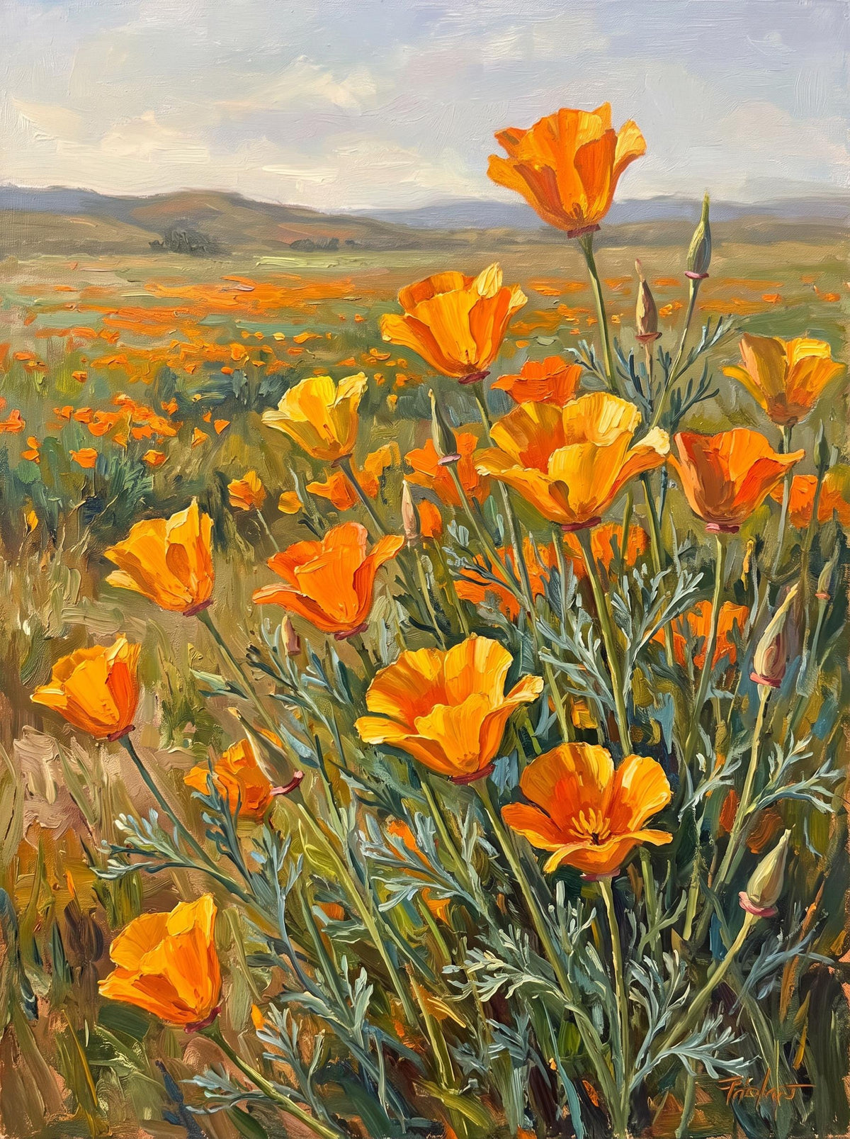 Original California Poppy Oil Painting, Floral Canvas Wall Art | BoselliArt hand-painted oil painting