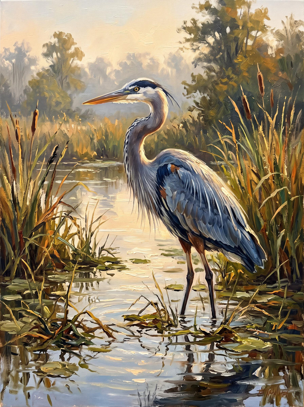 Original Blue Heron Oil Painting, Hand Painted Bird Wall Art | BoselliArt hand-painted oil painting