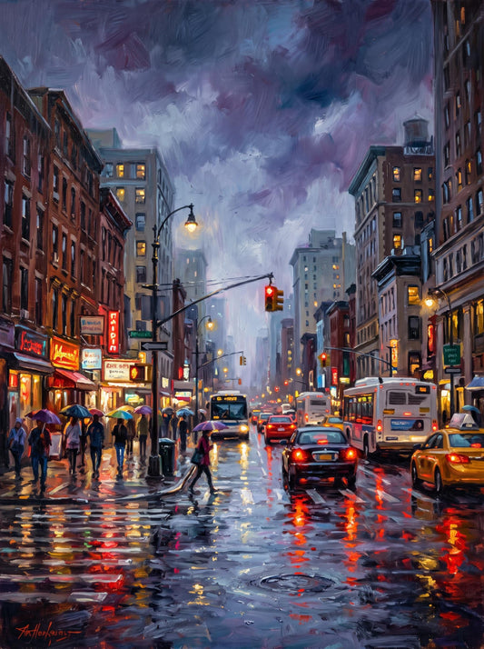 Original Rainy Cityscape Oil Painting, Urban Canvas Wall Art | BoselliArt hand-painted oil painting